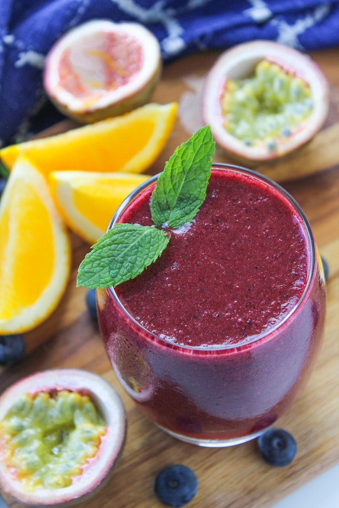 This refreshing three ingredient Passion Fruit Blueberry & Orange Smoothie can be put together in minutes! Gluten free, Paleo, Vegan 
