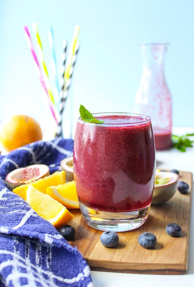 This refreshing three ingredient Passion Fruit Blueberry & Orange Smoothie can be put together in minutes! Gluten free, Paleo, Vegan 