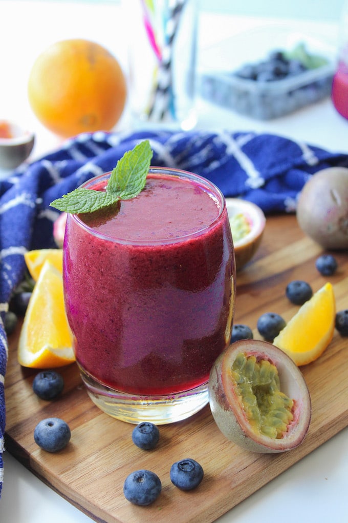 This refreshing three ingredient Passion Fruit Blueberry & Orange Smoothie can be put together in minutes! Gluten free, Paleo, Vegan 