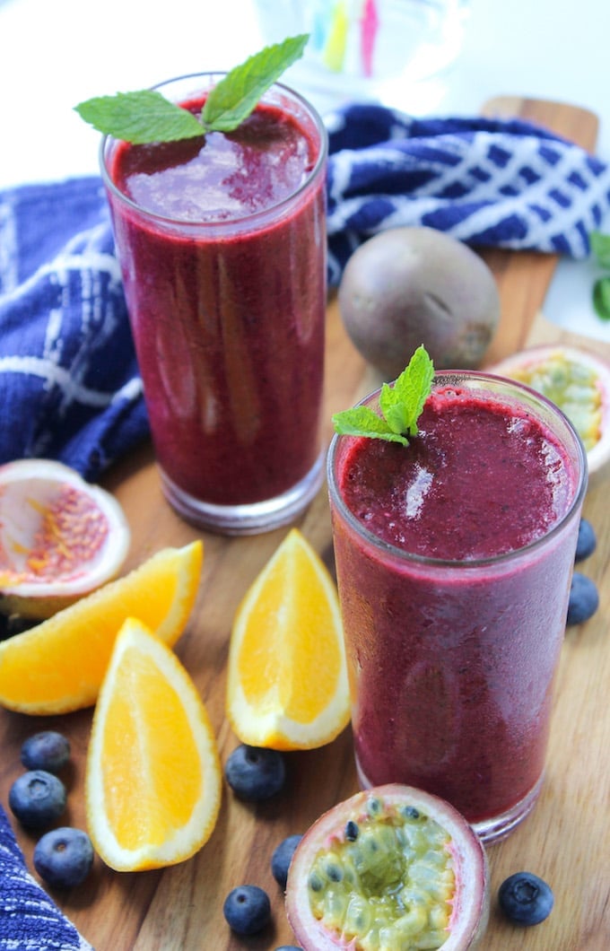 This refreshing three ingredient Passion Fruit Blueberry & Orange Smoothie can be put together in minutes! Gluten free, Paleo, Vegan 