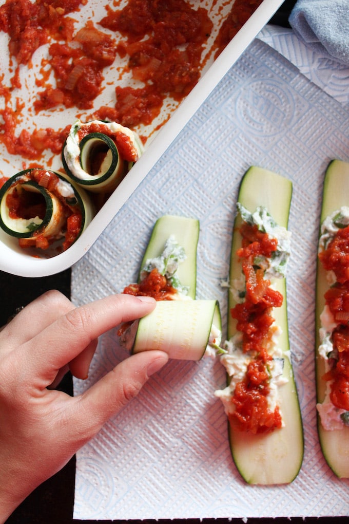 Vegetarian Zucchini Lasagna Rolls filled with spinach, ricotta, and a chunky homemade marinara sauce. Gluten free, Grain Free, Low Carb
