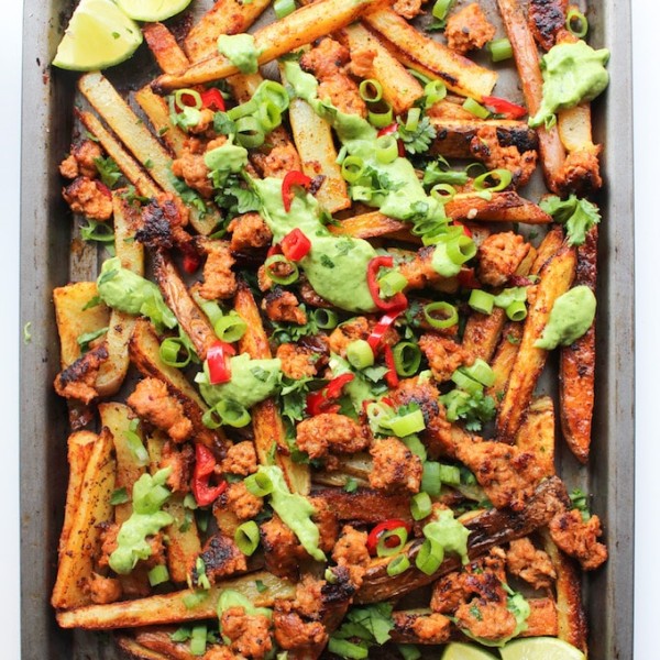 Cajun Baked Fries with Chorizo & Avocado Crema