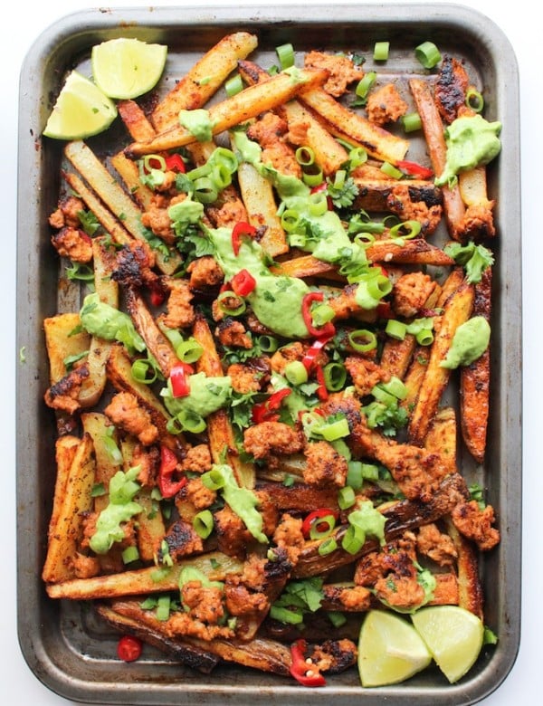 Cajun Baked Fries with Chorizo & Avocado Crema