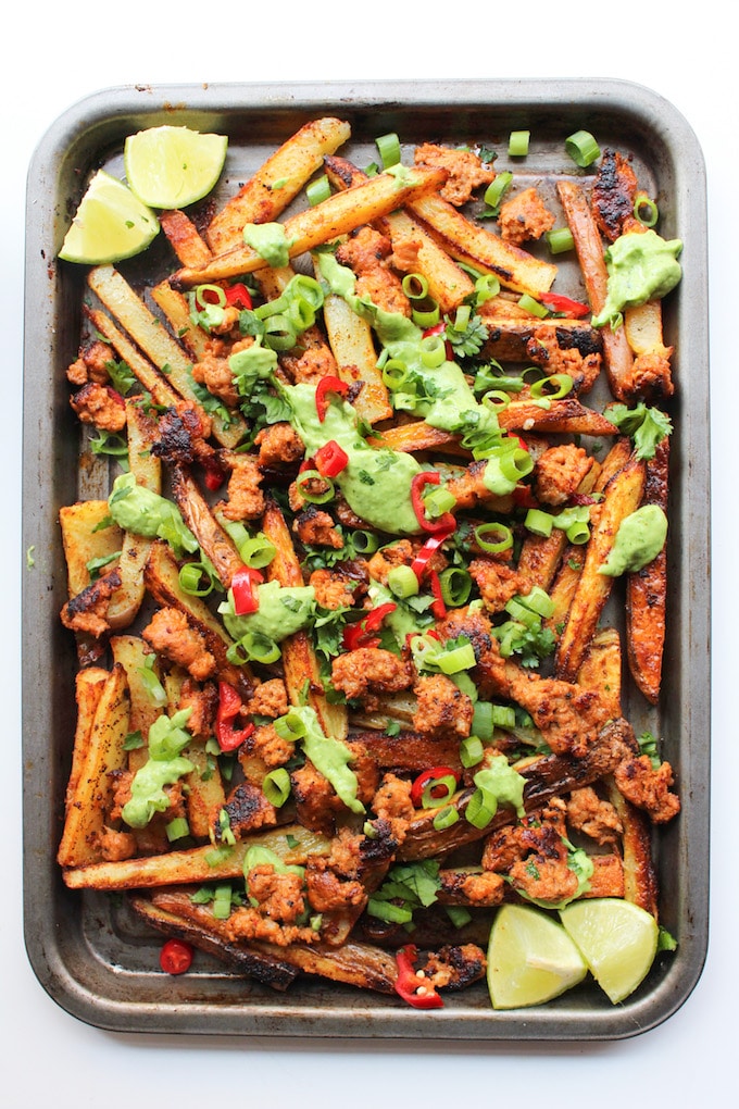 Baked Cajun Fries with Chorizo Sausage & Avocado Crema |dairy free & gluten free