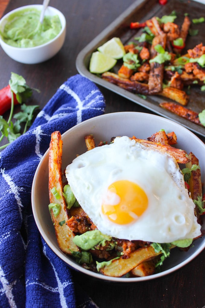 Baked Cajun Fries with Chorizo Sausage & Avocado Crema |dairy free & gluten free