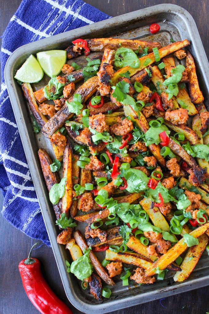 Baked Cajun Fries with Chorizo Sausage & Avocado Crema |dairy free & gluten free