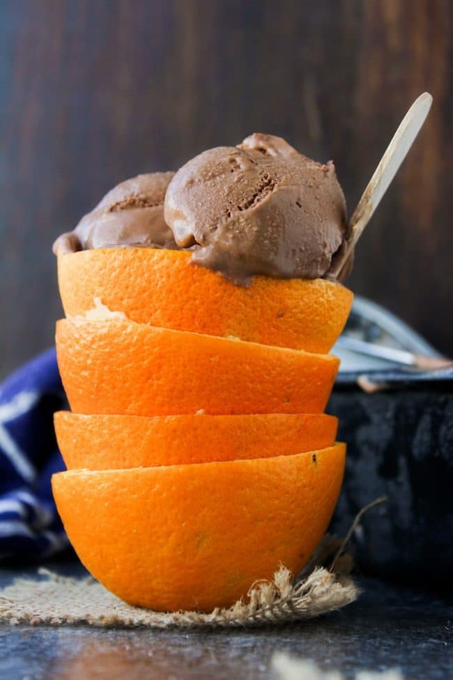 Chocolate Orange Ice Cream in a stack of orange peels