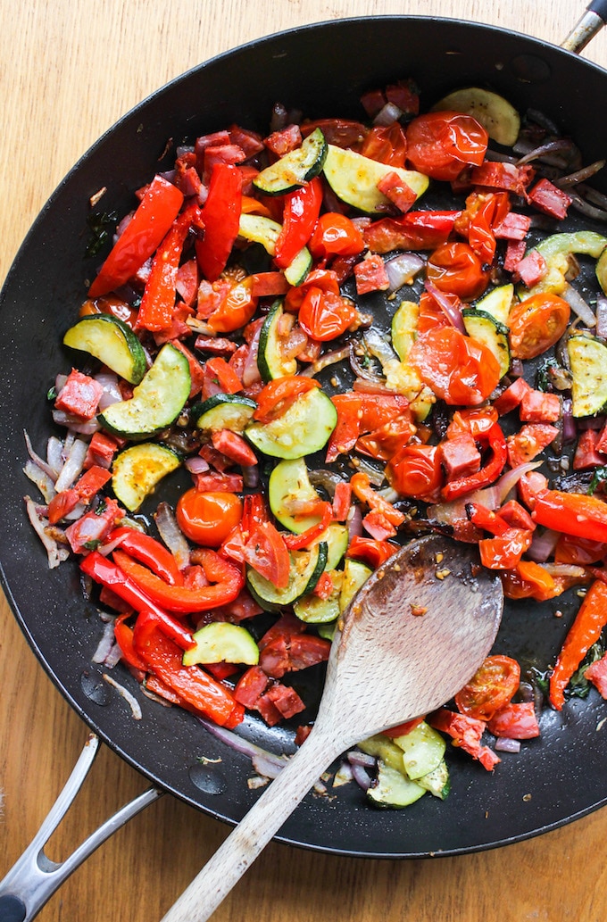 Chorizo & Roasted Veggie Pasta Salad - packed with fresh herbs, mozzarella, and garden vegetables over gluten free pasta! 