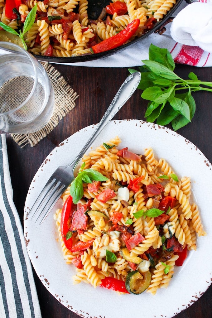 Chorizo & Roasted Veggie Pasta Salad - packed with fresh herbs, mozzarella, and garden vegetables over gluten free pasta! 