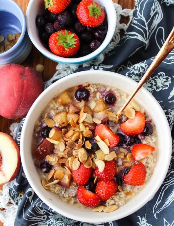 Peach & Berry Overnight Oats – throw together the night before to enjoy a quick and filling breakfast. Loaded with peaches, blueberries, and chia seeds!