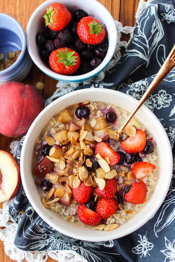 Peach & Berry Overnight Oats – throw together the night before to enjoy a quick and filling breakfast. Loaded with peaches, blueberries, and chia seeds! 