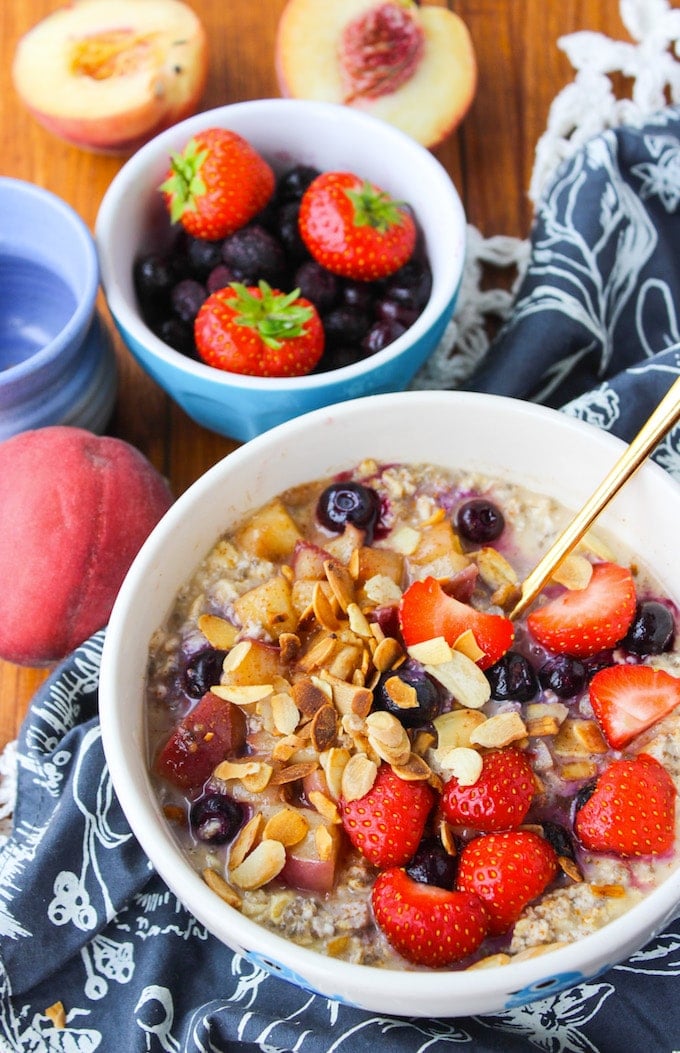 Peach & Berry Overnight Oats – throw together the night before to enjoy a quick and filling breakfast. Loaded with peaches, blueberries, and chia seeds! 