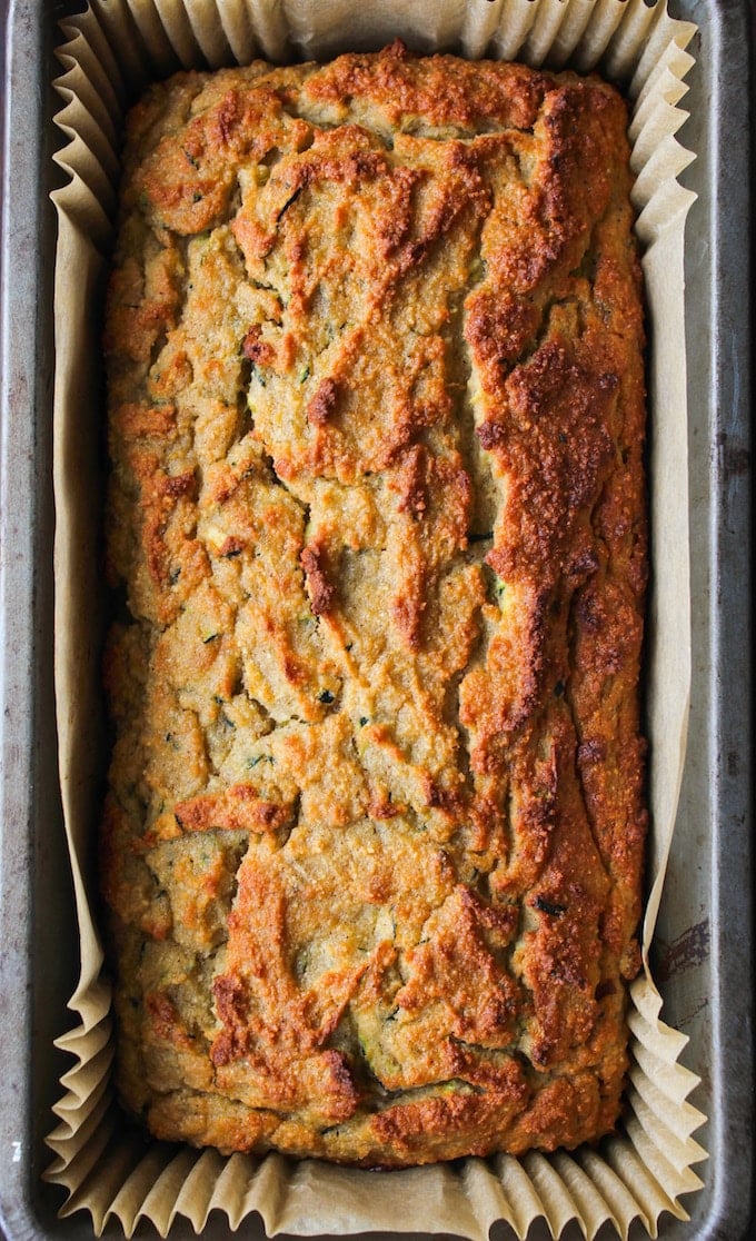 Paleo Zucchini Bread loaf still in the loaf pan