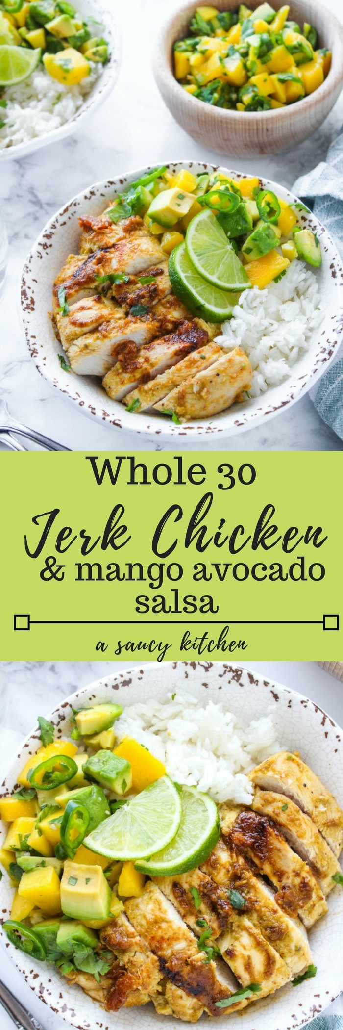 Whole 30 friendly Jerk Chicken with a simple mango & avocado salsa - sweet, spicy, and packed with flavor. Paleo & Gluten Free