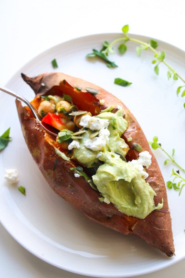 Mediterranean Stuffed Sweet Potatoes with Chickpeas & Avocado Tahini