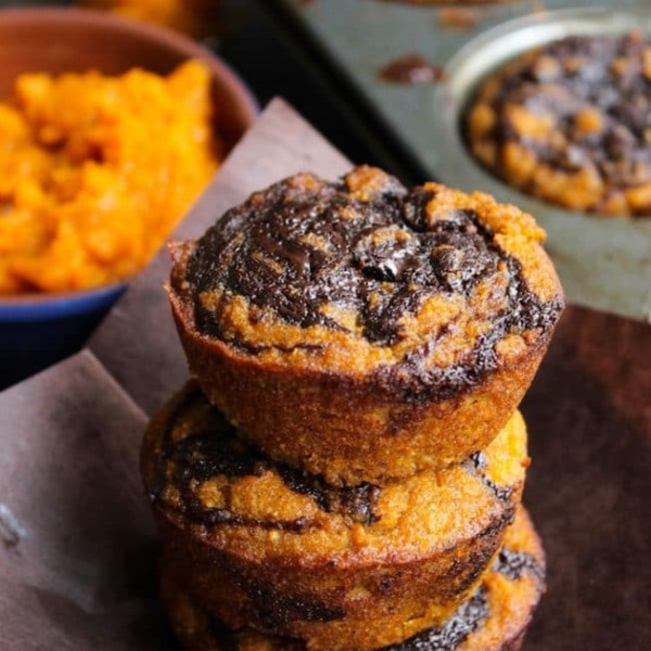 Paleo Pumpkin Muffins with a Chocolate Swirl stacked
