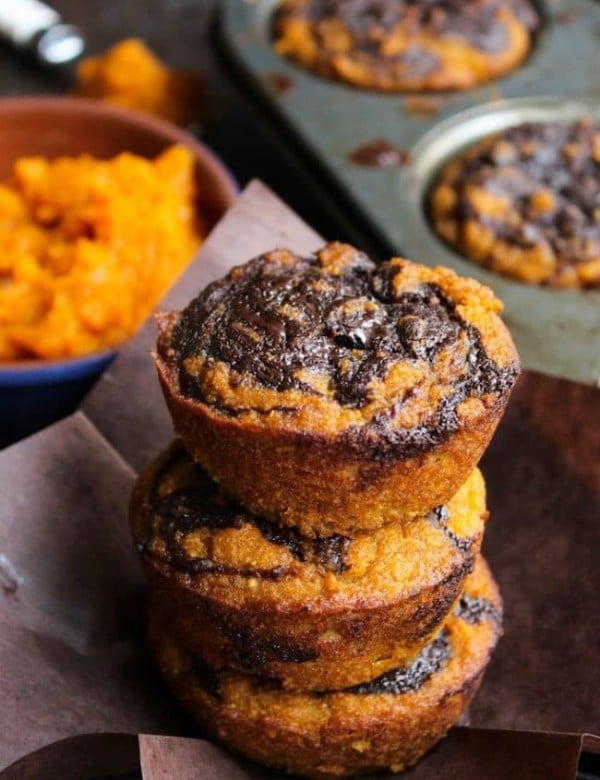 Paleo Pumpkin Muffins with a Chocolate Swirl stacked