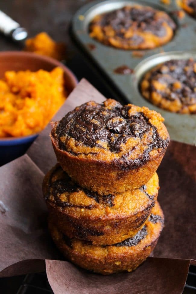 Paleo Pumpkin Muffins with a Chocolate Swirl stacked