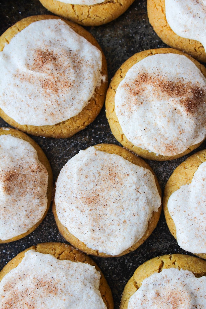 Simple frosted vegan pumpkin cookies with hints of pumpkin spice made with one bowl in under an hour | Gluten Free + Dairy Free