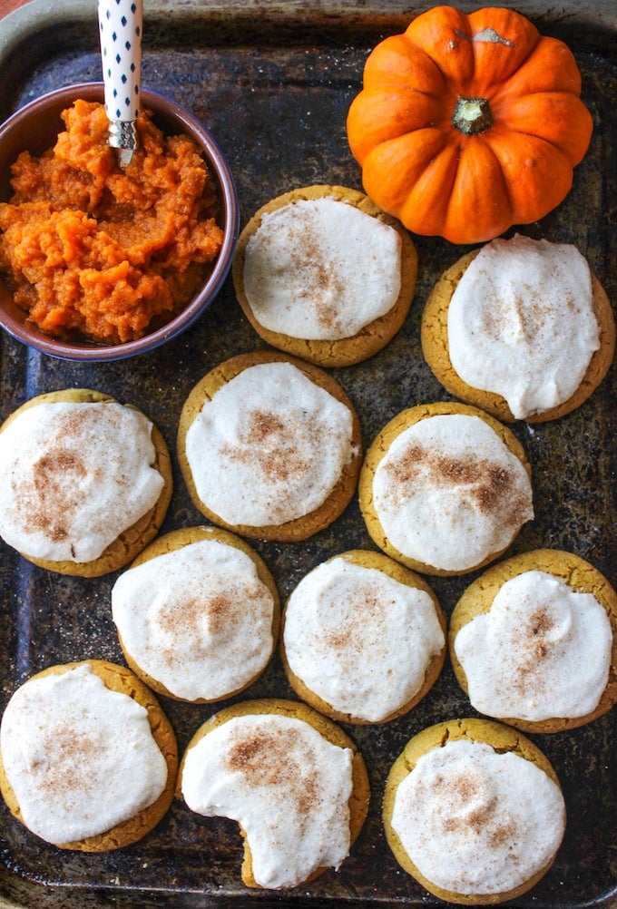 Simple frosted vegan pumpkin cookies with hints of pumpkin spice made with one bowl in under an hour | Gluten Free + Dairy Free
