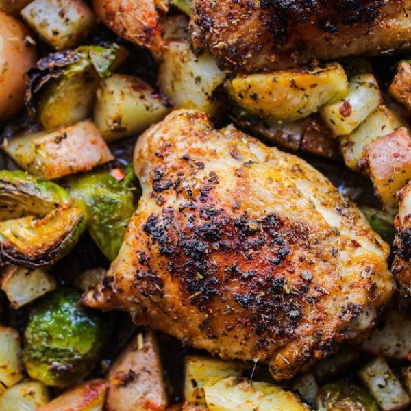 One Pan Chicken with brussels sprouts up close