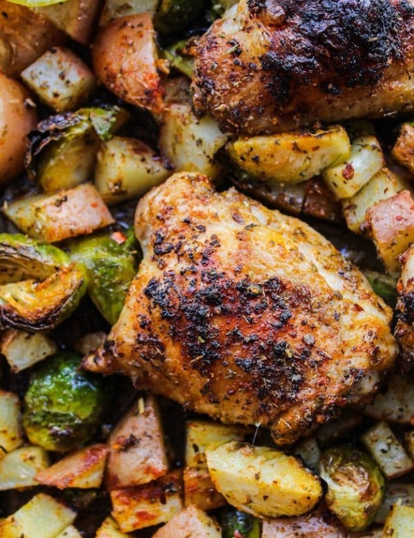 One Pan Chicken with brussels sprouts up close