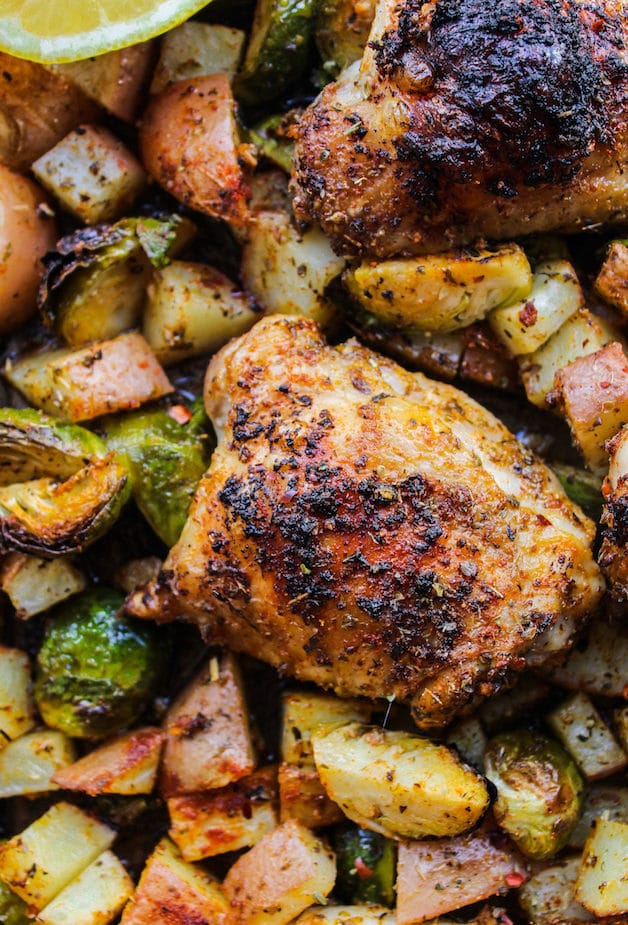 roasted chicken thighs, brussels sprouts and potatoes
