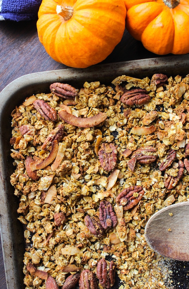 Homemade pumpkin spice granola - rolled oats, coconut flakes, and raw pecans with real pumpkin! Gluten Free + Vegan + Low FODMAP