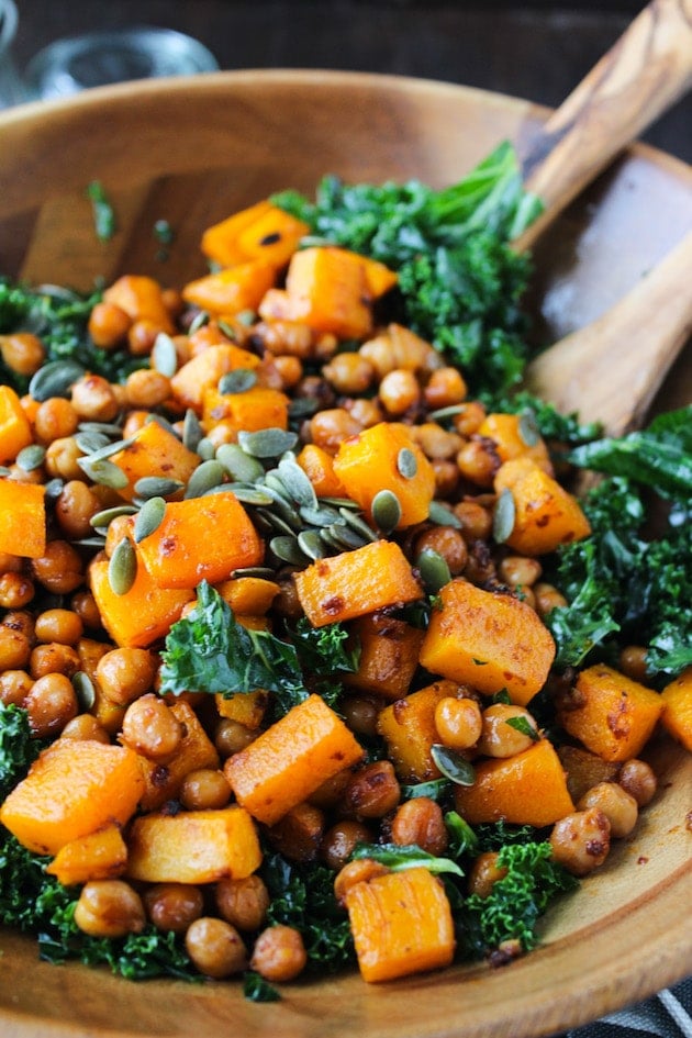 Spicy Kale and Chipotle Chickpea and Roasted Butternut Squash Salad in a sald bowl