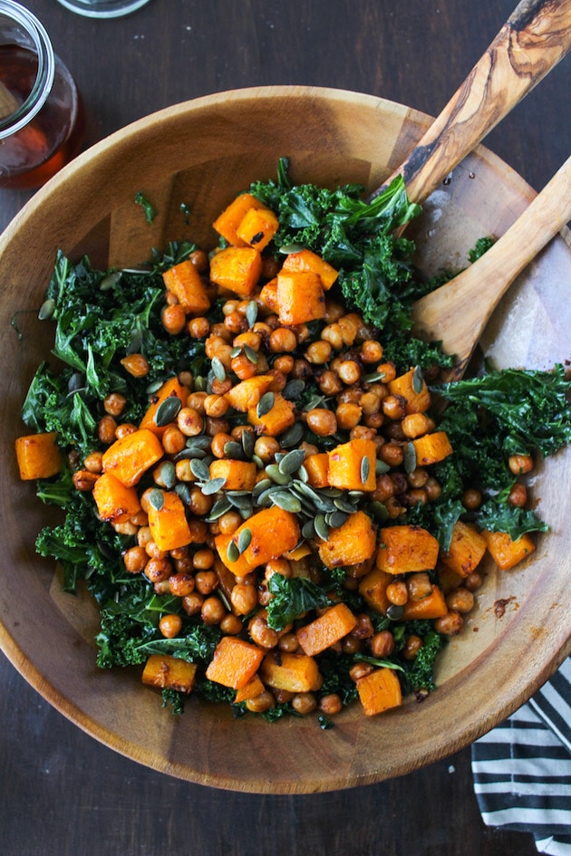 Spicy Kale and Chipotle Chickpea and Roasted Butternut Squash Salad in a large salad bowl