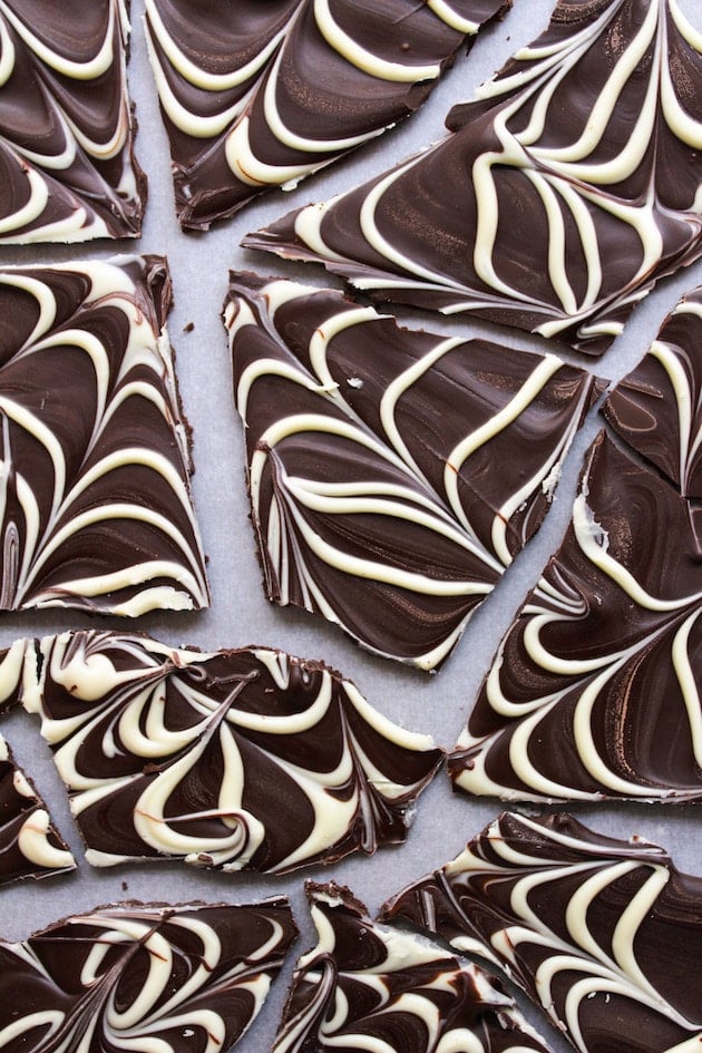 Spider web chocolate bark broken into pieces