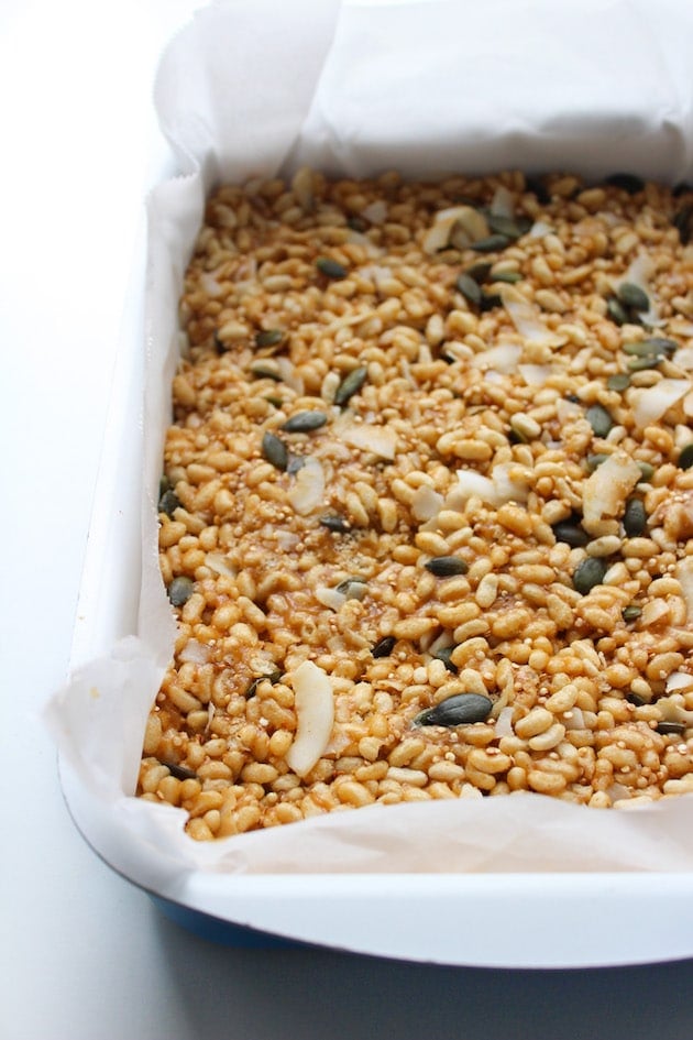 Superfood Vegan Rice Krispie Treats pressed into a 9x13 inch pan