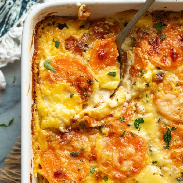 scalloped sweet potatoes up close