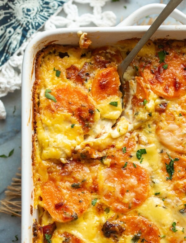 scalloped sweet potatoes up close