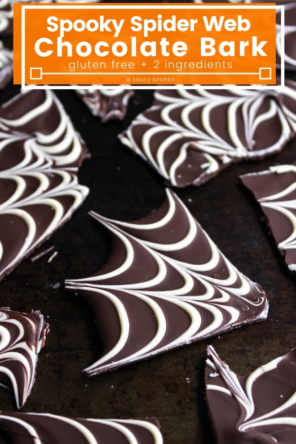 Spider web chocolate bark – a fast and easy Halloween treat that requires only two ingredients! #glutenfree #ChocolateBark #Halloween #HalloweenRecipes #Chocolate