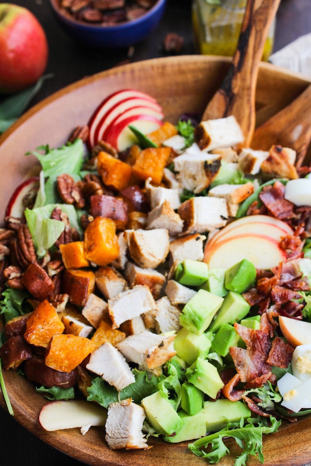 Loaded Autumn Cobb Salad up close in a salad bowl