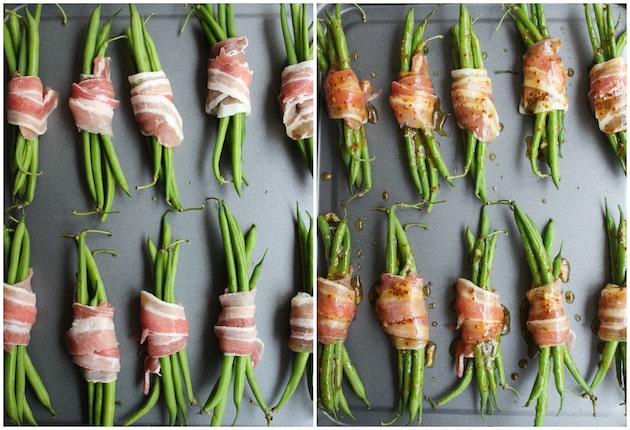 green beans wrapped in bacon before and after roasting on a baking tray