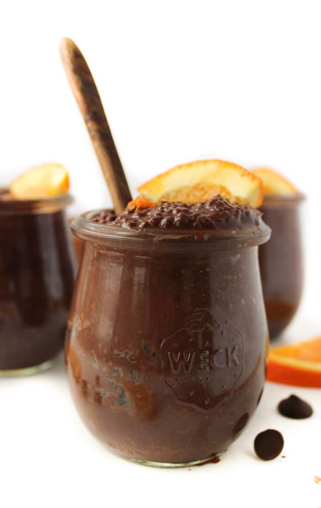 Chocolate Orange Chia Puddings topped with chocolate chips and orange zest