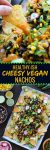 Easy, cheesy, plant based Vegan Nachos loaded with veggies, stretchy nacho cheese, and a black bean-walnut 'meat'. Gluten Free + Dairy Free