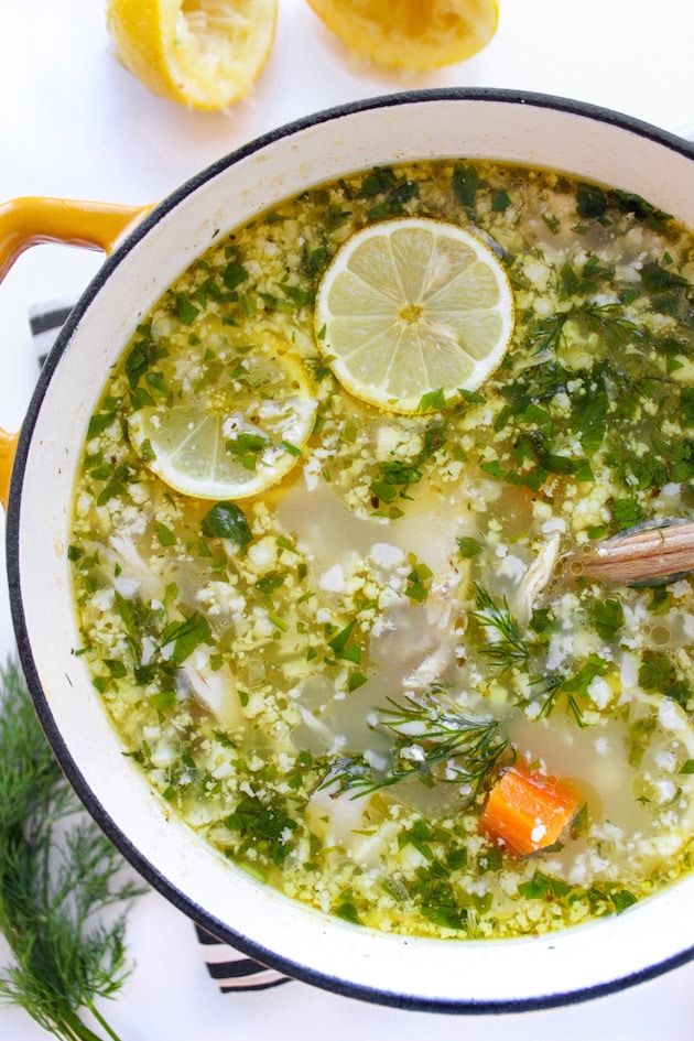 Lemon Chicken Soup with Cauliflower Rice in a soup pot