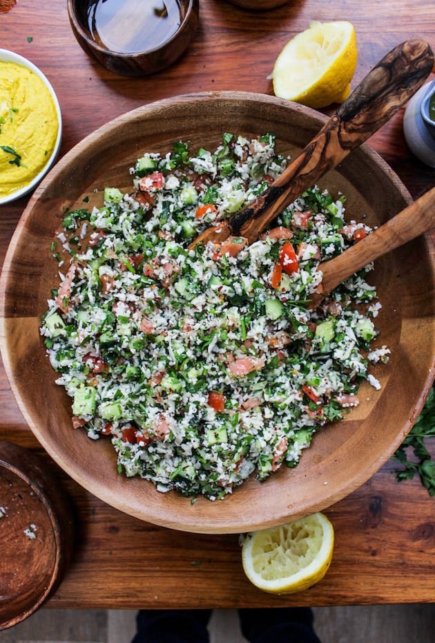 Cauliflower Tabbouleh - a Middle Eastern classic made gluten free | Fresh vegetables & herbs chopped, mixed and dressed in fresh lemon juice | Vegan + Paleo + Whole 30