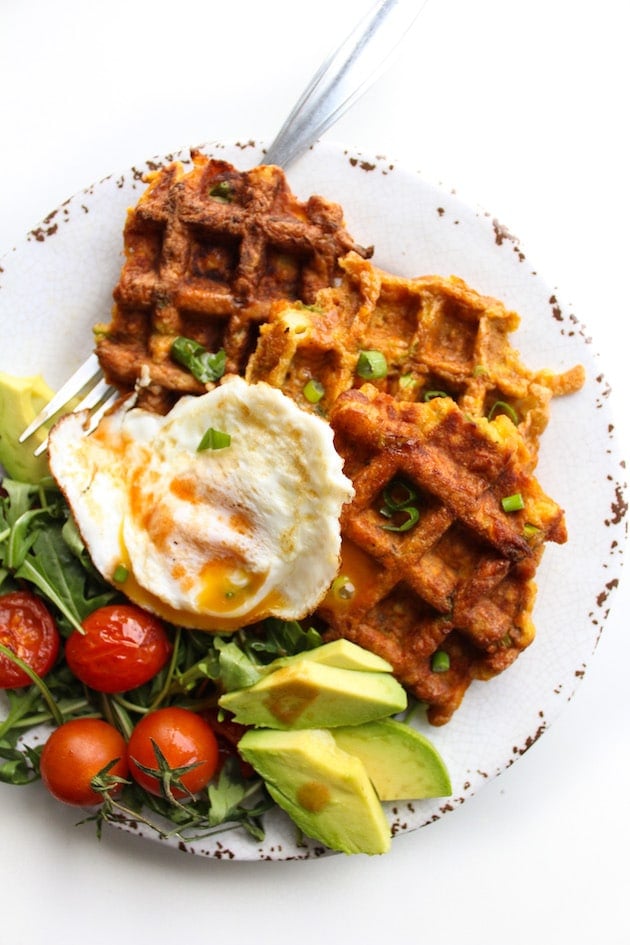 Paleo Sweet Potato Waffles topped with a fried egg