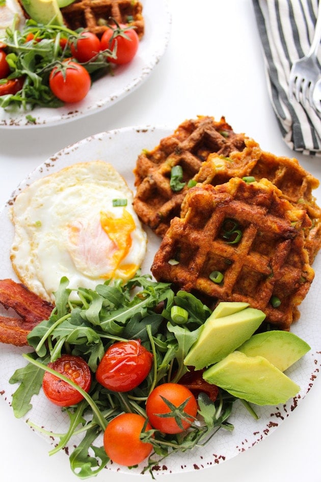 Paleo Sweet Potato Waffles with bacon, eggs and salad