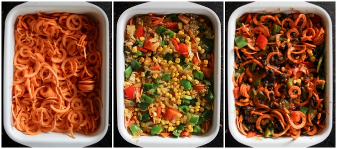 a collage showing the different stages of mixing the spiralized sweet potato enchiladas in a baking dish before baking 
