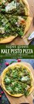 Super Green Kale Pesto Pizza topped with arugula, sliced radishes, chopped almonds and dollops of mozzarella. Gluten Free + Vegetarian