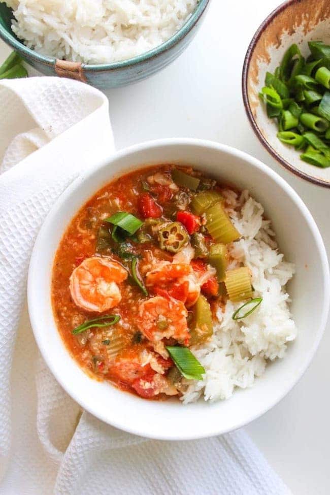 One pot Fast Seafood Gumbo in a bowl with rice 