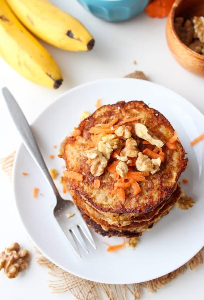 Flourless Carrot Banana Pancakes - only four ingredients needed and takes about 10 minutes to make! Gluten Free + Dairy Free + Low FODMAP