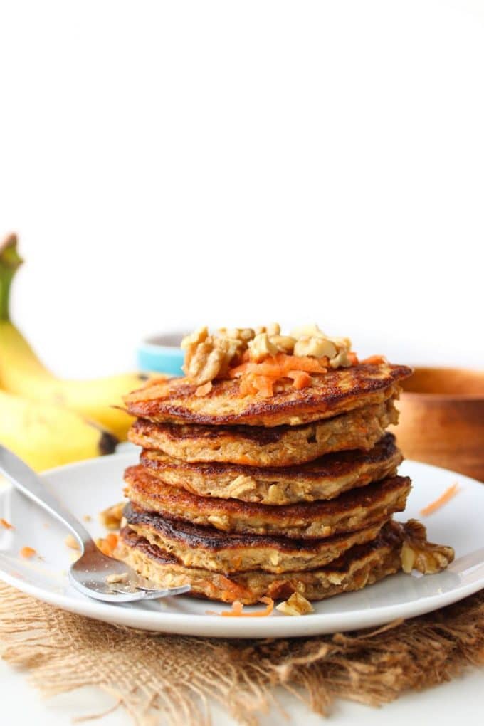 Flourless Carrot Banana Pancakes - only four ingredients needed and takes about 10 minutes to make! Gluten Free + Dairy Free + Low FODMAP