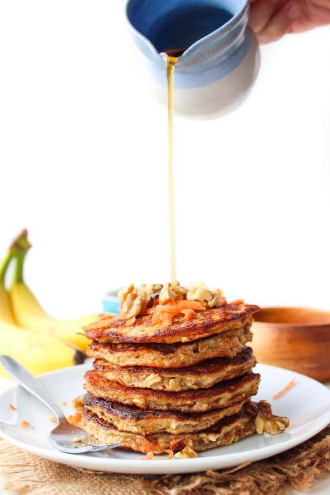 Flourless Carrot Banana Pancakes - only four ingredients needed and takes about 10 minutes to make! Gluten Free + Dairy Free + Low FODMAP