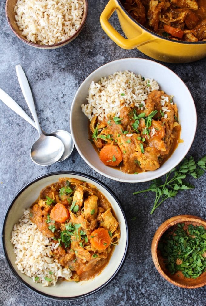 Paleo Moroccan Chicken Stew - Moroccan spiced veggies with shredded chicken and chopped dates | Dairy Free + Paleo